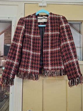 Topshop Tweed Plaid Fringe Jacket Size 6 Red Black Cropped